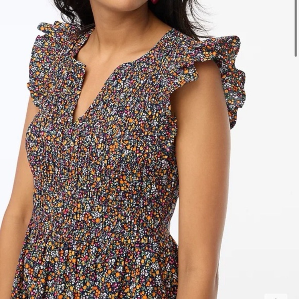 J. Crew Black Floral Midi Dress with Orange & Pink Accents